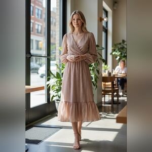 Jopna Gold, Beige Long Sleeve Maxi Dress SZ L